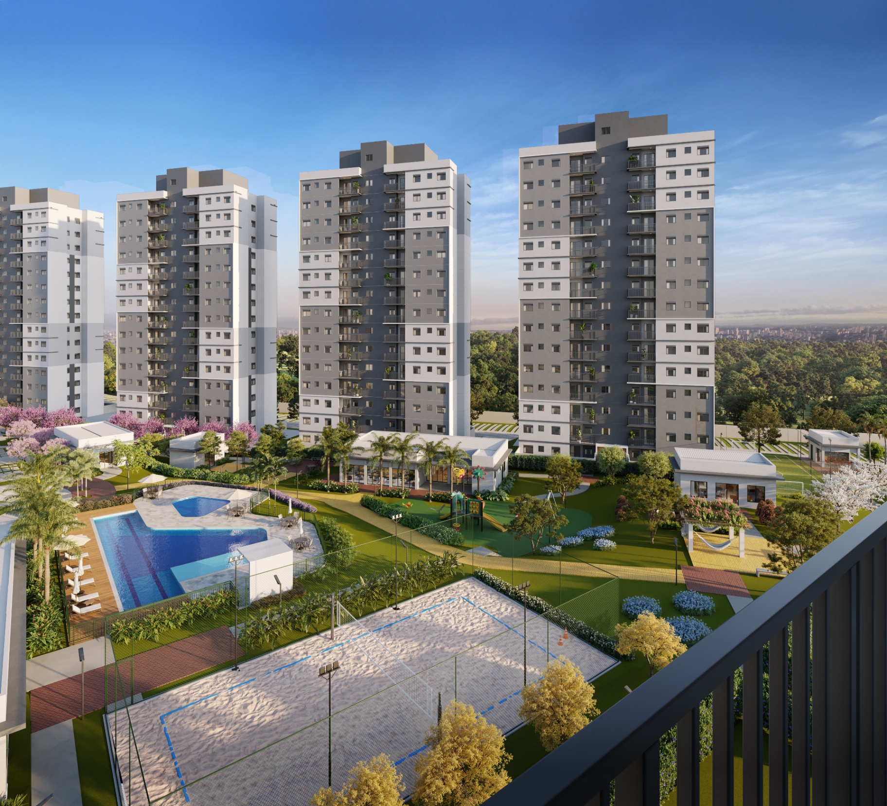Vista do empreendimento a partir da varanda — piscina, quadra de beach tennis e torres